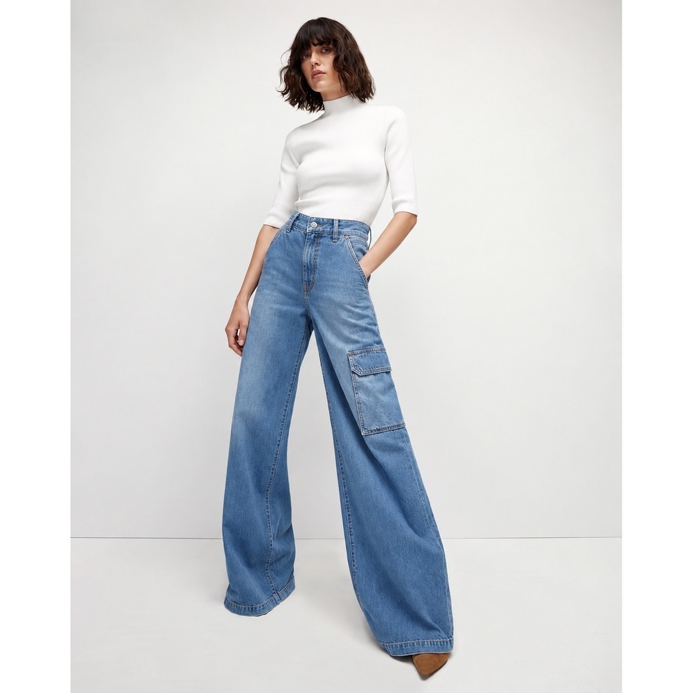 Veronica Beard Belisa Wide Leg High Rise Cargo Jeans Bright Lakeshore Blue 24